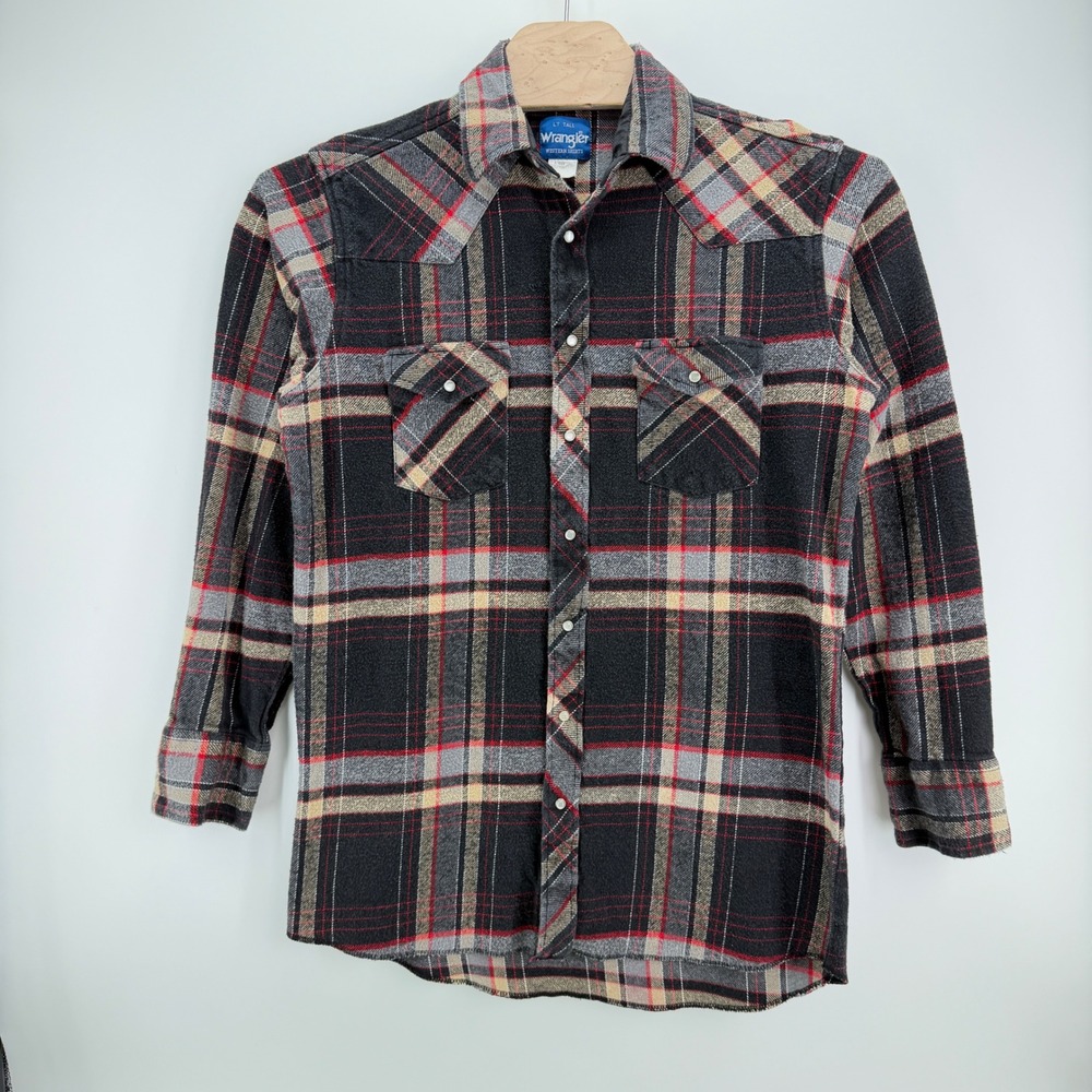 Vintage Wrangler Western Plaid Flannel Shirt LT Tall Pearl Snap Black Red Cowboy